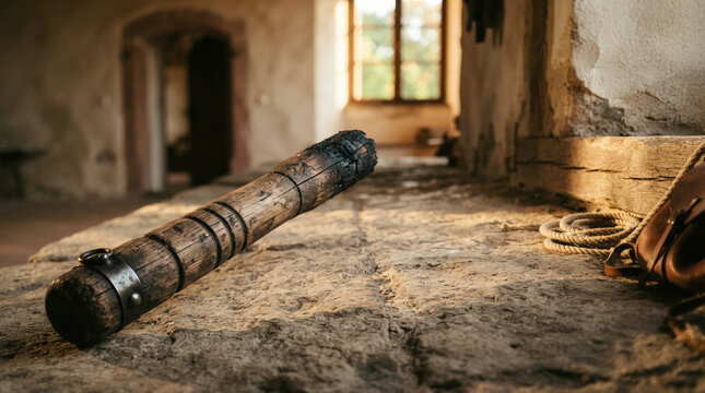Wooden flail with metal rings on a stone floor beside rope and pouch in soft daylight