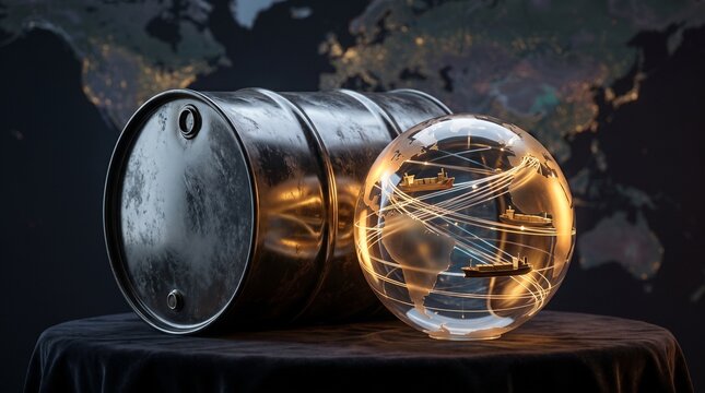Oil barrel beside illuminated glass globe depicting global shipping routes on a dark background with a world map. Concept of oil and energy crisis, sanctions, resource control, Middle East conflict