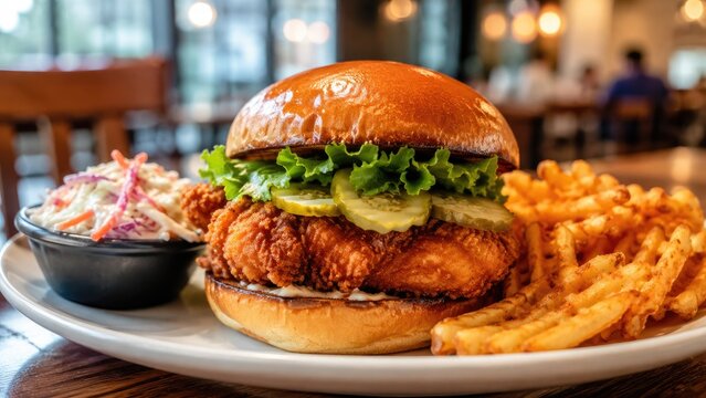Close-up gourmet crispy fried chicken sandwich with pickles, lettuce, brioche bun, waffle fries and coleslaw on a restaurant plate