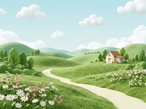 Single house on rolling green hills below a pale blue clouded sky in soft daylight