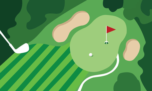 Golf course green field with flagstick and ball aerial top view vector illustration
