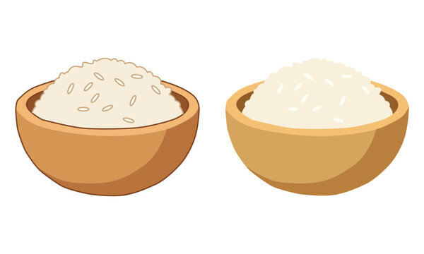 Two wooden bowls filled with white rice, healthy food, grain illustration