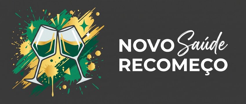 Toasting wine glasses celebration banner with green gold paint splatter and Portuguese text Novo Saude Recomeco for New Year new beginnings health fresh start web header card design template backgroun