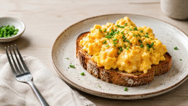 Creamy scrambled eggs piled on toasted rustic sourdough, garnished with chopped chives on a ceramic plate for a cozy homemade breakfast
