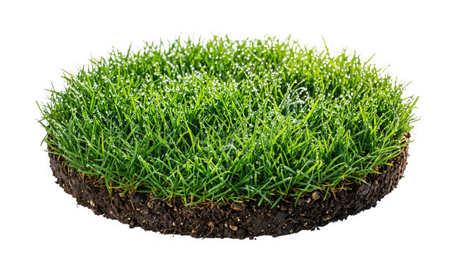A circular patch of vibrant green grass covered in morning dew drops on white background with circular section fresh drops isolated cross section grass soil environment vegetation botanical sod