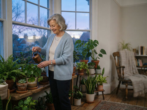 Elderly woman pouring water from copper can onto windowsill plants at home