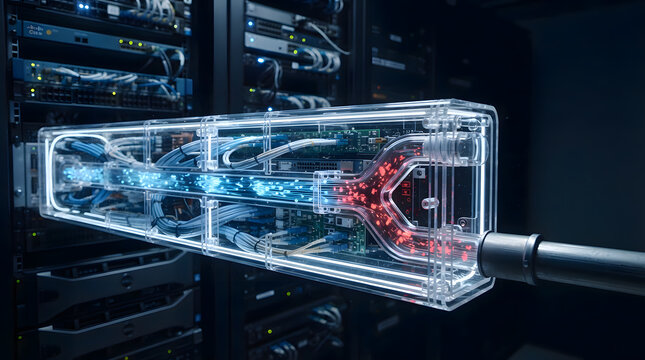 Conceptual visualization of futuristic optical data transfer in server room
