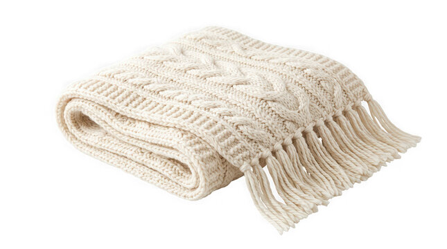A folded white cable knit wool throw blanket with fringe isolated on white background with blanket featuring decorative detail isolated plain off white comfortable accessory household material