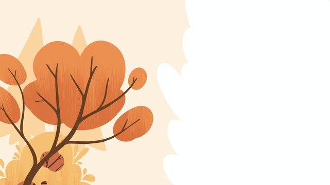 Animated autumn tree branch with falling yellow leaves motion graphic, overlay animation isolated on white background with copy space