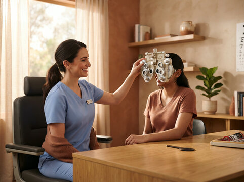 Eye doctor examining a young woman with an ophthalmoscope in a clinic room