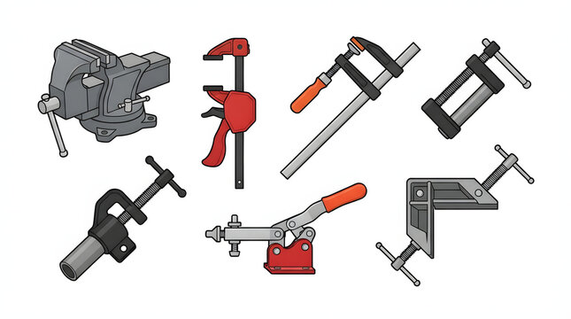 Set of various industrial clamping tools and workshop vises for construction and carpentry.