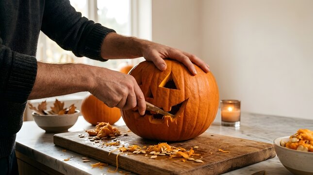 Hands Carving a Jack-o-Lantern Pumpkin on a Cozy Kitchen Island for Halloween Family Crafting and Autumn Celebration
