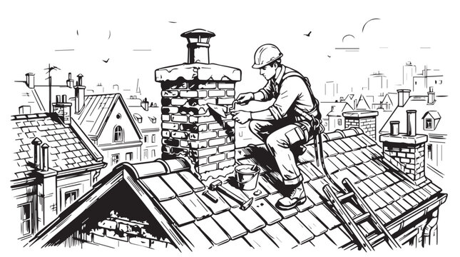 Illustration of a roof worker repairing a chimney on a residential neighborhood rooftop.