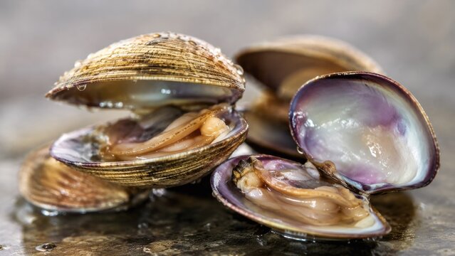 Close-up of fresh opened clams with pearlescent shells and tender raw meat on a wet surface