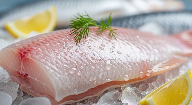 Fresh raw fish fillet with lemon and dill on ice.