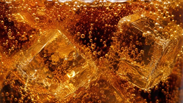 Close-up of cola with ice cubes and effervescent carbonation bubbles in amber brown fizzy soft drink