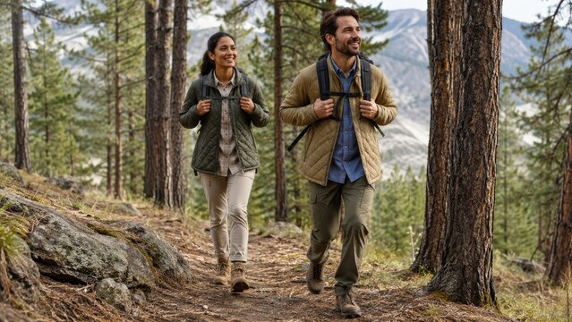 Smiling couple hiking a pine forest mountain trail in layered outdoor gear