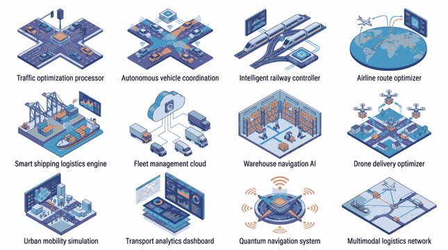 Collection of isometric icons representing smart city logistics and transportation technologies, including autonomous vehicles, drones, and intelligent systems.