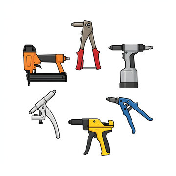 Set of industrial fastening tools and rivet guns for construction and metalwork projects