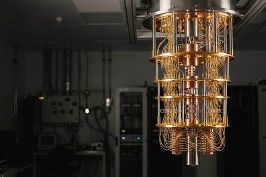 Superconducting quantum computer golden chandelier cryostat hardware in high tech research laboratory