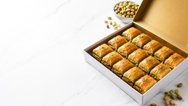 Box of golden pistachio baklava arranged in neat rows on a marble surface, garnished with chopped pistachios