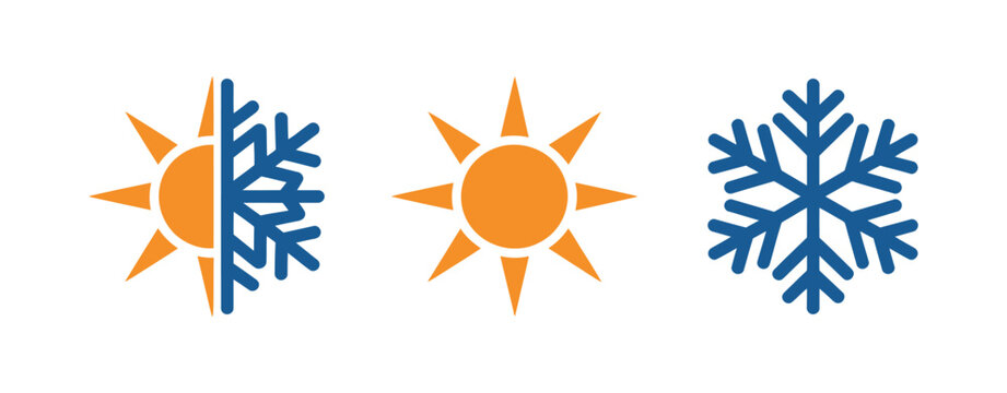Sun and snowflake icon set, hot and cold temperature symbols, climate change concept, editable stroke vector illustration for weather, seasons, temperature, and environmental graphics.