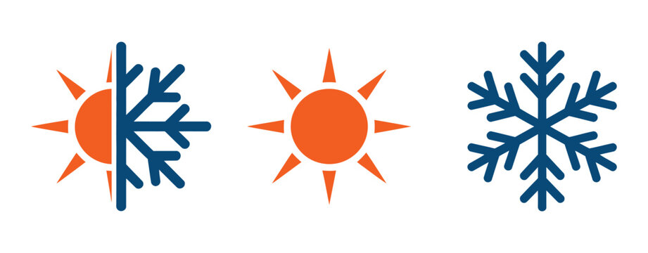 Sun and snowflake icon set, hot and cold temperature symbols, climate change concept, editable stroke vector illustration for weather, seasons, temperature, and environmental graphics.