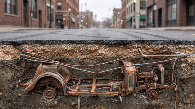 Vertical cross section of a city street revealing a buried rusted vintage car, illustrating urban history and hidden archaeological layers.