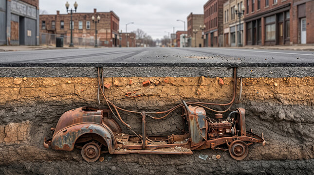 Vertical cross section of a city street revealing a buried rusted vintage car, illustrating urban history and hidden archaeological layers.