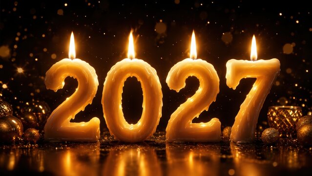 glowing 2027 numbers made of burning wax candles with golden flames, festive ornaments and warm bokeh lights on dark background