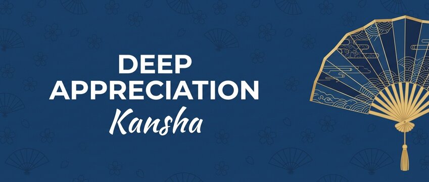Japanese fan gratitude background kansha appreciation banner with gold folding hand fan and cherry blossom pattern on dark blue culture vector design for Asian festival, thank you note, luxury card.