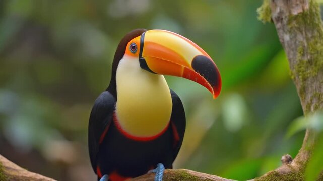 Toco Toucan head turn with jungle foliage background cinematic motion slow zoom out