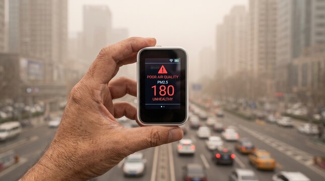 Hand holding a portable air quality monitor showing high pollution levels in a city.