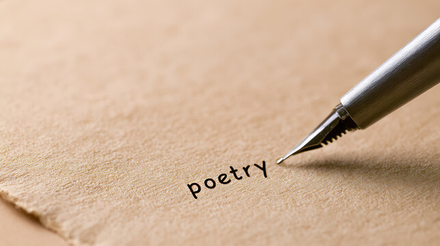 Fountain pen write the word poetry on vintage textured paper surface, close up macro shot representing creative writing concept and literature