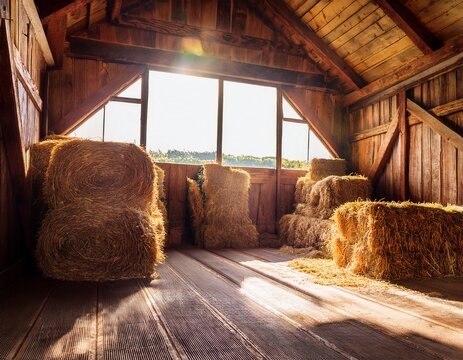 a rustic wooden barn interior filled with hay bales bathed in warm sunlight