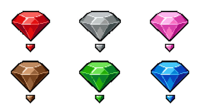 Pixel art set of colorful diamond and gemstone icons for retro video games.