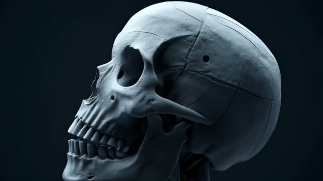 Human skull rotating with cinematic lighting on black background