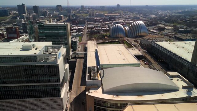 Aerial view of downtown Kansas City, Missouri, showing the Kauffman Center for the Performing Arts, convention facilities, office buildings, and surrounding streets