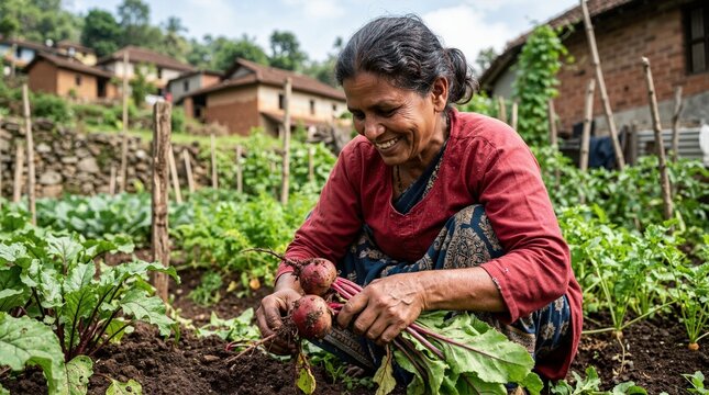 Elderly South Asian woman harvesting fresh beets in a rural garden. Smiling senior female farmer holding organic root vegetables. Traditional village agriculture and farming concept