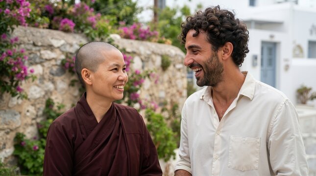 Asian female monk in traditional maroon robe talking with a Caucasian man. Smiling diverse friends having a conversation outdoors. Cross-cultural connection and friendship concept