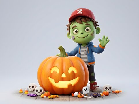 Cheerful cartoon zombie boy in cap waves beside glowing jack-o'-lantern with scattered Halloween candy and skulls on wooden floor