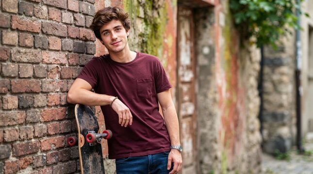 Young male student leaning against a brick wall with a skateboard. Casual portrait of a confident skater guy on campus. Urban youth lifestyle concept