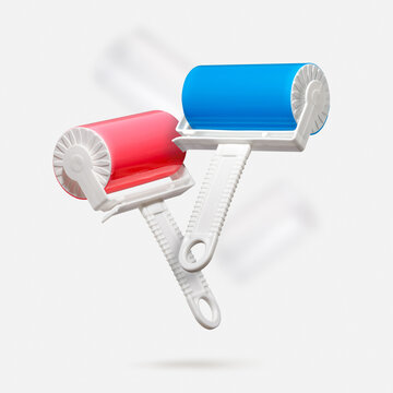 Two reusable eco lint rollers with blue and pink sticky surface floating on light gray background. Concept of sustainable home care tools, zero waste lifestyle, modern cleaning accessories. Copy space