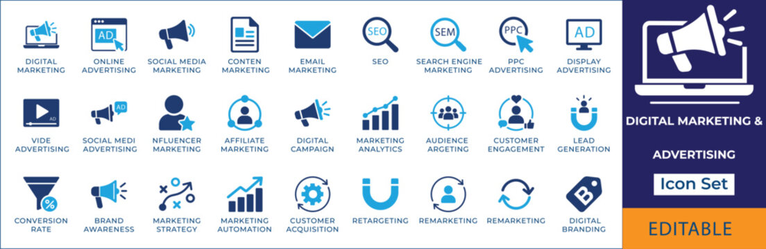 Digital marketing and advertising icon set. Featuring SEO, SEM, PPC ad, funnel, audience target, lead magnet, and promotion. Vector icons for business portal and app UI.