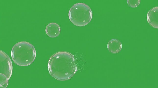 Soap bubbles floating and popping on a green screen background