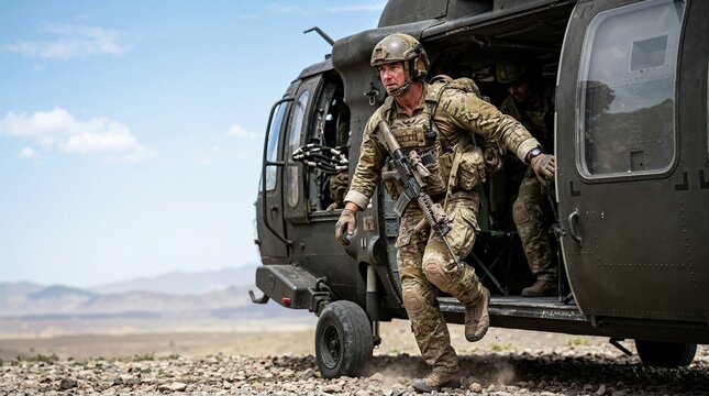Armed soldier exiting transport helicopter on mission. Military troops disembarking tactical aircraft in desert terrain