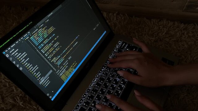 Female programmer's hands typing code on a laptop keyboard with backlighting at night, developing new software or fixing a bug in an app's source code