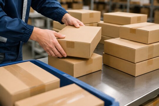 倉庫で段ボール箱を仕分ける作業員の手元