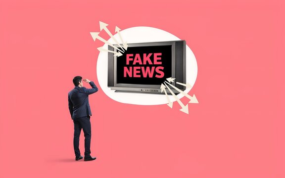 Man viewing fake news on television screen digital manipulation misinformation and the spread of false information concept