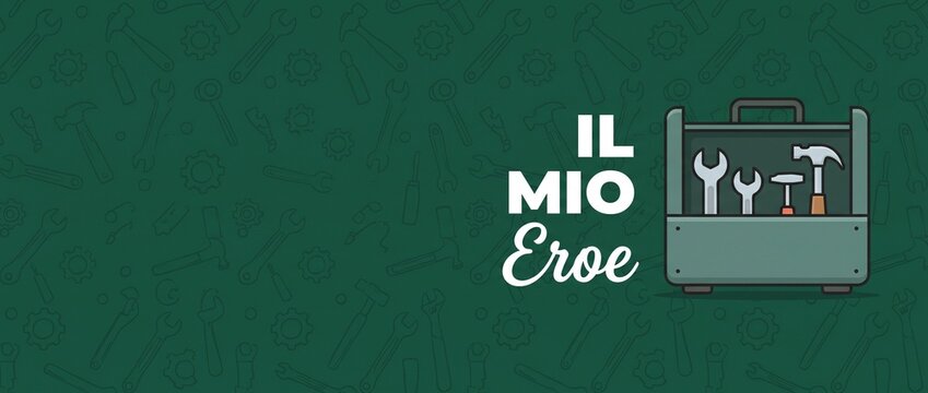 Toolbox vector banner hero background for fathers day celebration featuring hand tools wrenches hammer with italian text il mio eroe handyman repair maintenance diy greeting card template design